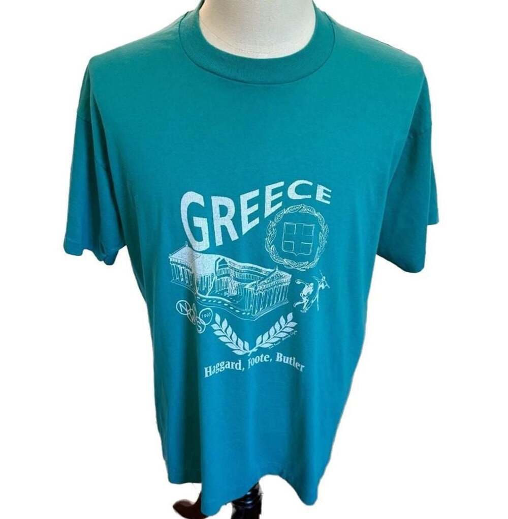Vintage 1993 Greece Nashville Parthenon Graphic T-Shirt Teal XL